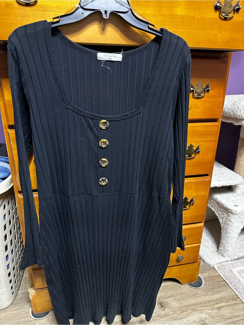 Black Ribbed Long Sleeve Dress with Button Detail